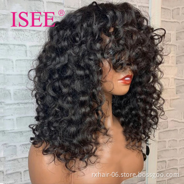 Brazilian Pineapple Wave Machine Made Human Hair Wigs With Bangs, Full Machine Made Rose Water Wave Curly Wig For Black Women
